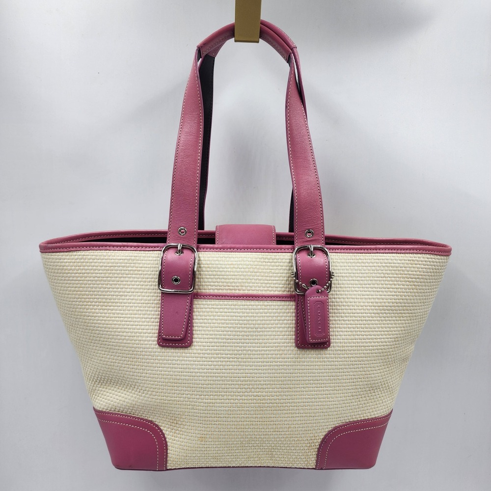 Y2K Coach Woven Straw Tote Bag Pink Leather Trim Buckle Preppy Shoulder Purse